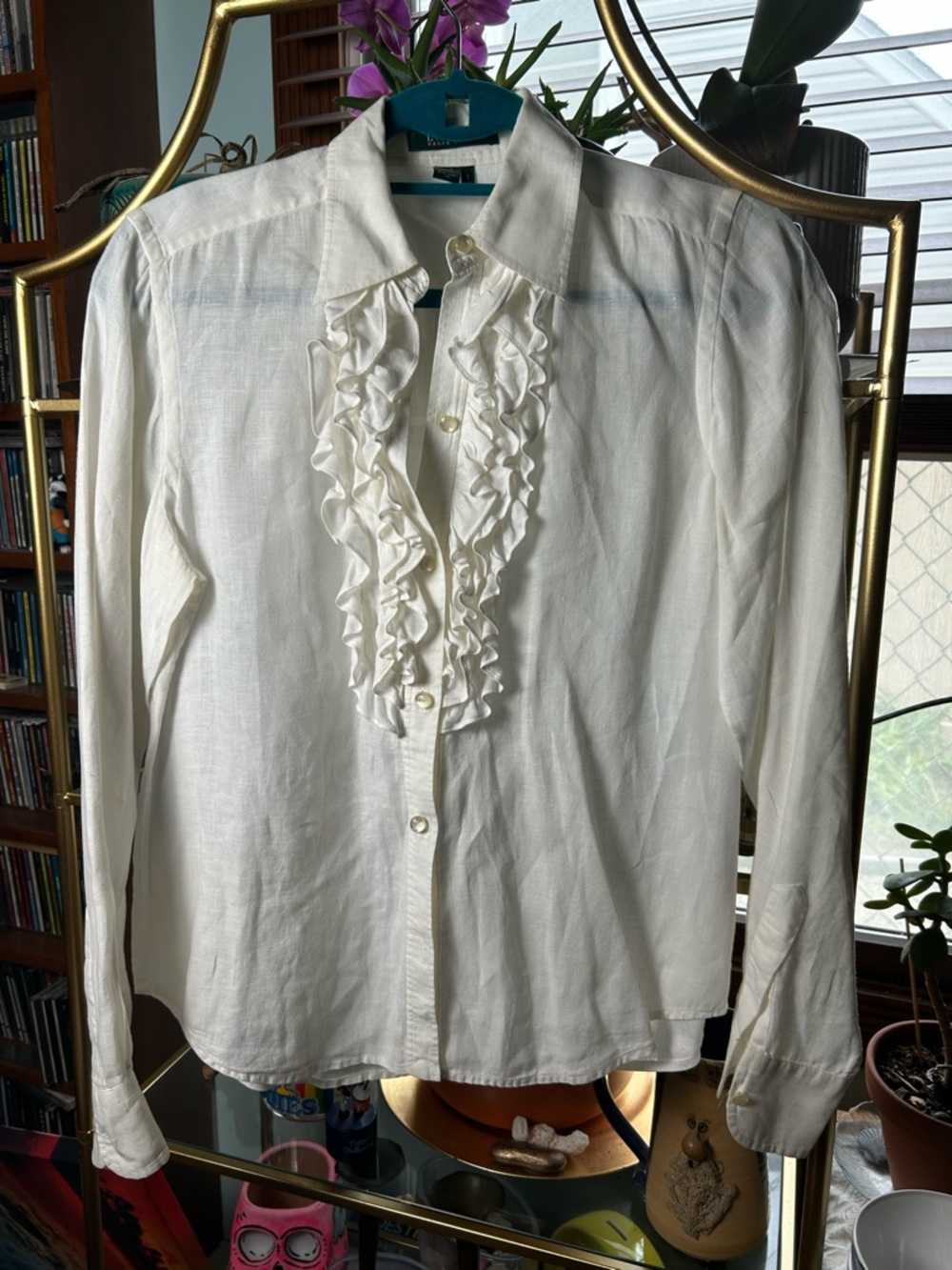 Vintage White Ruffle Front Button-Up Linen Blouse